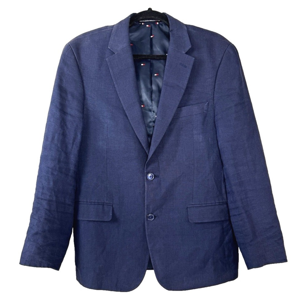 Tommy Hilfiger Mens 38S Navy Linen Blazer Sport Coat 2 Button Double Vent Preppy